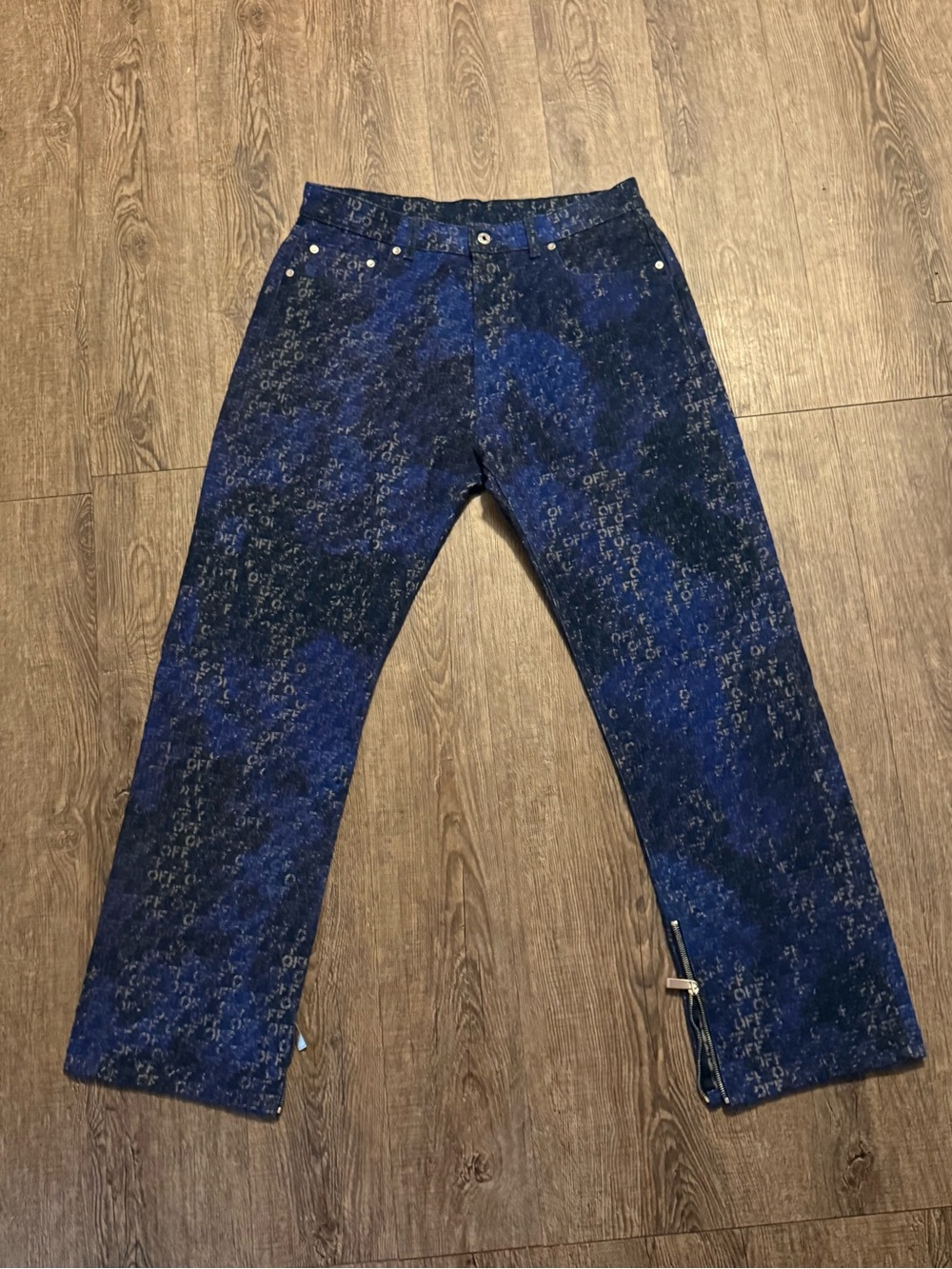 Off-White Blue Silk Patterned Straight Men's Pants